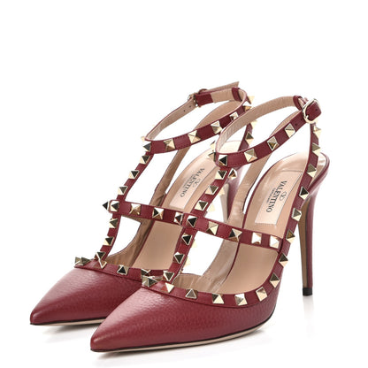 Valentino Garavani Pebbled Calfskin Rockstud Ankle Strap Pumps 37.5 Rubino 3 of 9