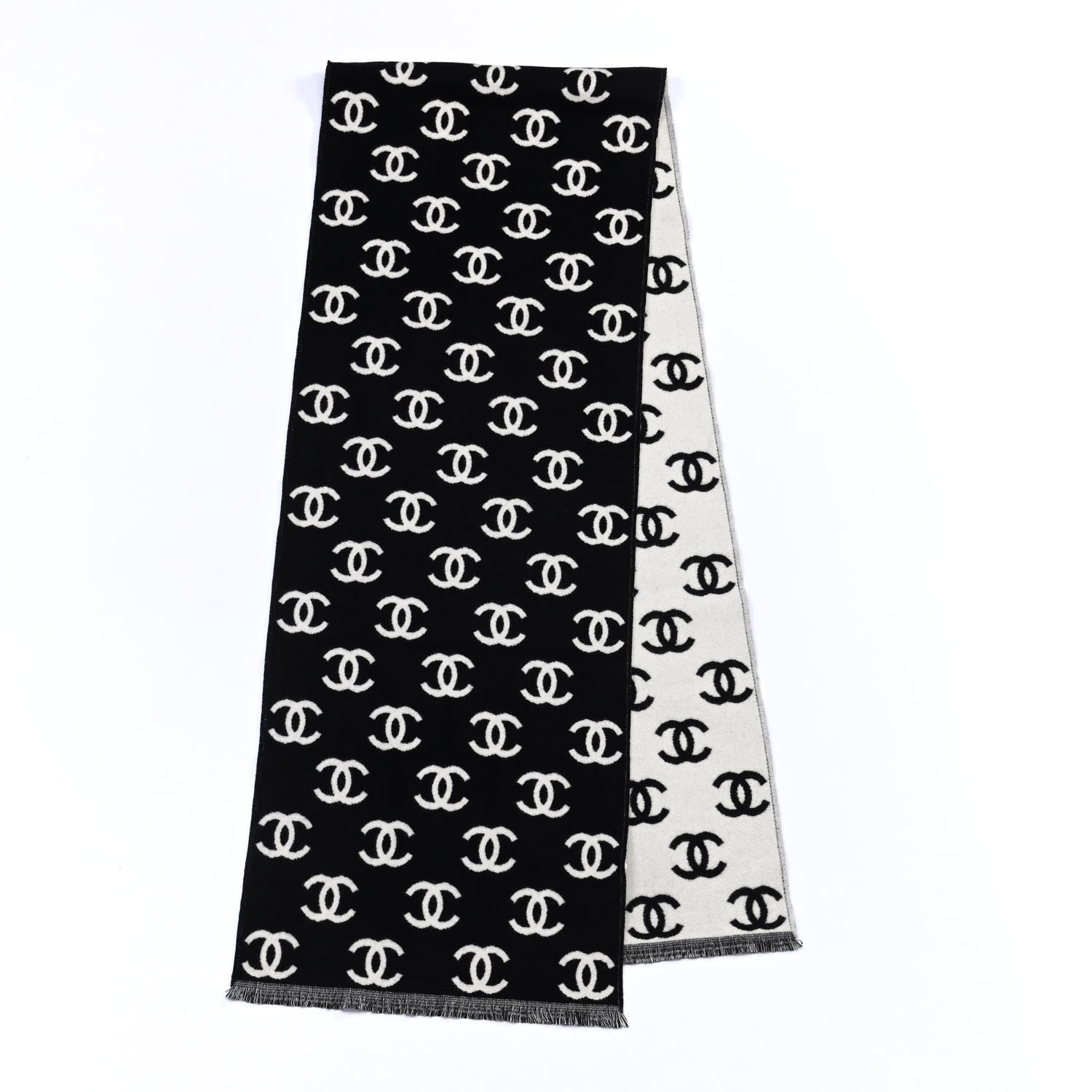 Chanel Wool Cashmere CC Scarf Black White 2 of 4