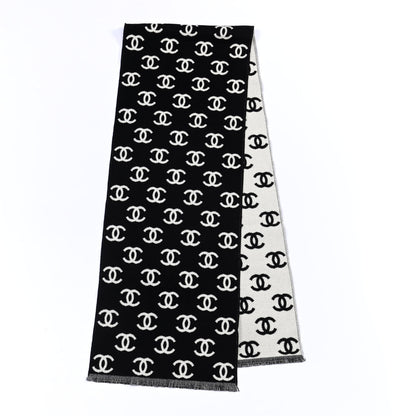 Chanel Wool Cashmere CC Scarf Black White 2 of 4