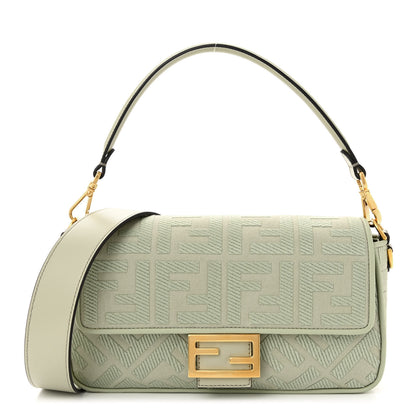 Fendi Canvas Vitello King FF Embroidered Baguette Green Tea 1 of 12