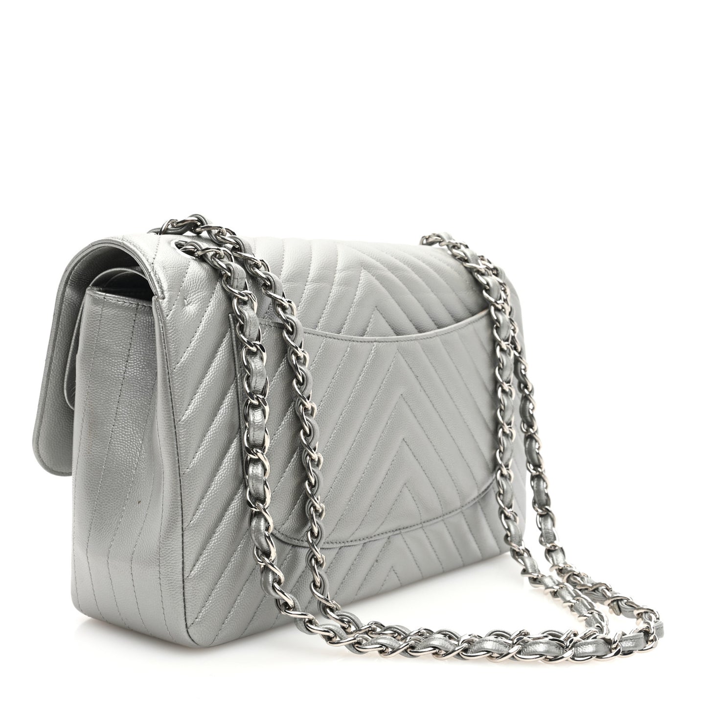 Metallic Caviar Chevron Quilted Jumbo Double Flap Silver