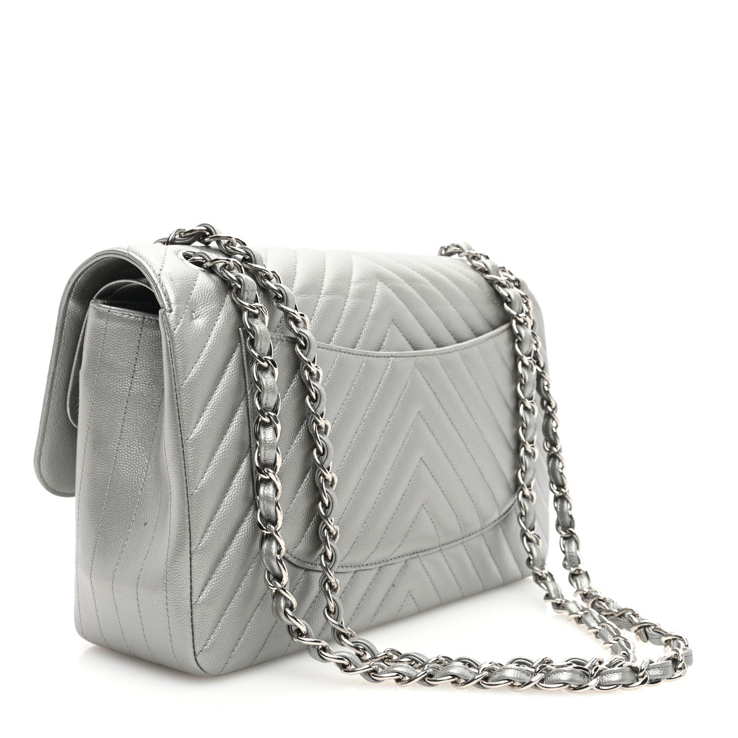 Chanel Metallic Caviar Chevron Quilted Jumbo Double Flap Silver 3 of 13
