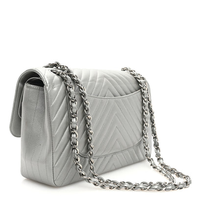 Chanel Metallic Caviar Chevron Quilted Jumbo Double Flap Silver 3 of 13
