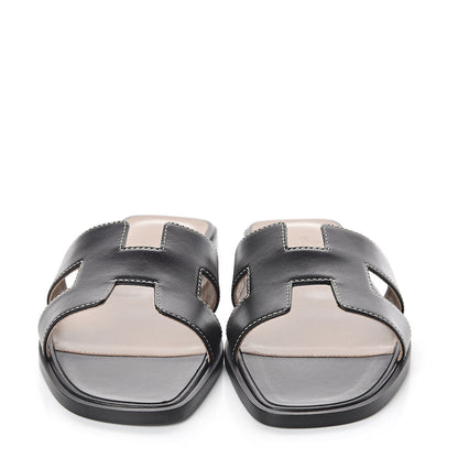 Hermes Box Calfskin Oran Sandals 37.5 Black 2 of 7
