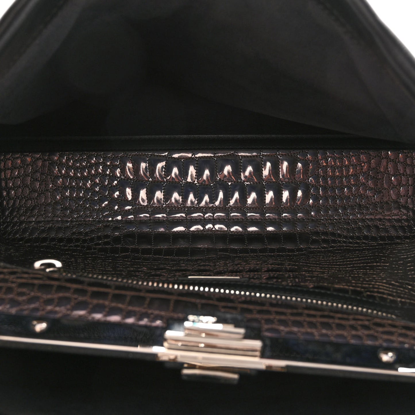 Vitello Dolce Marmol Patent Crocodile Trapuntata Large Peekaboo Iconic Satchel Black Fumo