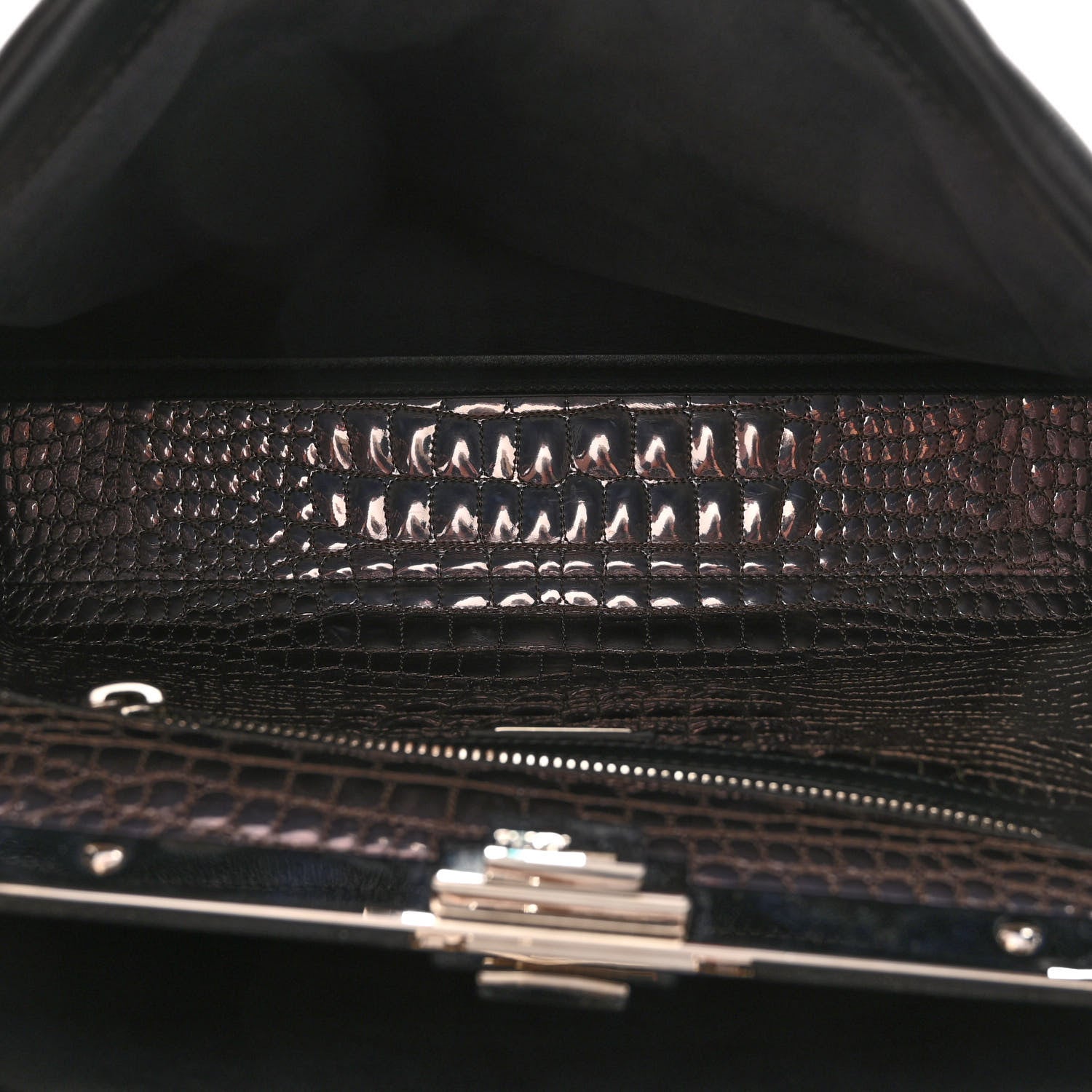 Fendi Vitello Dolce Marmol Patent Crocodile Trapuntata Large Peekaboo Iconic Satchel Black Fumo 5 of 10