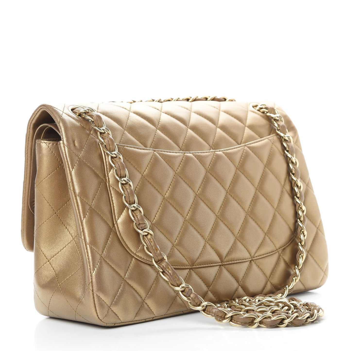 Metallic Lambskin Quilted Jumbo Double Flap Gold