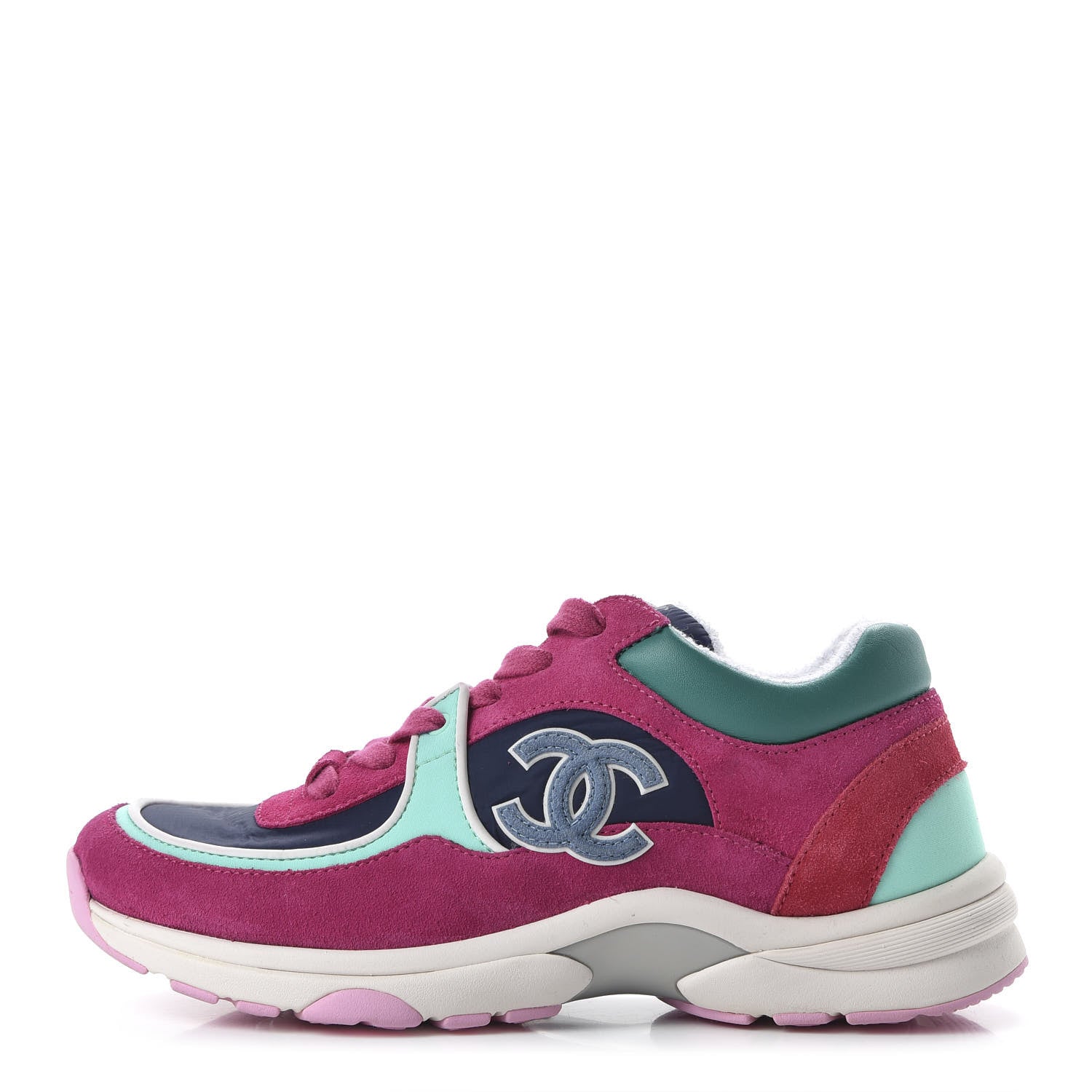 Chanel Nylon Lambskin Suede Calfskin CC Sneakers 36 Pink Green 1 of 9