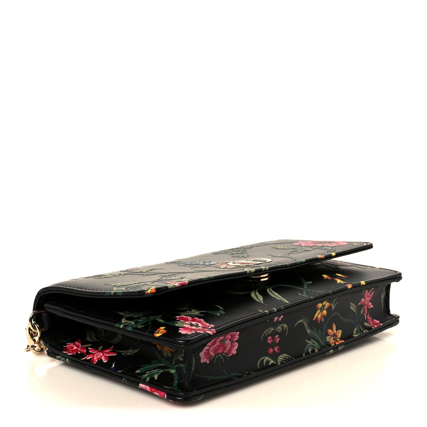 Calfskin Petites Fleurs Print Caro Pouch With Chain Black Multicolor
