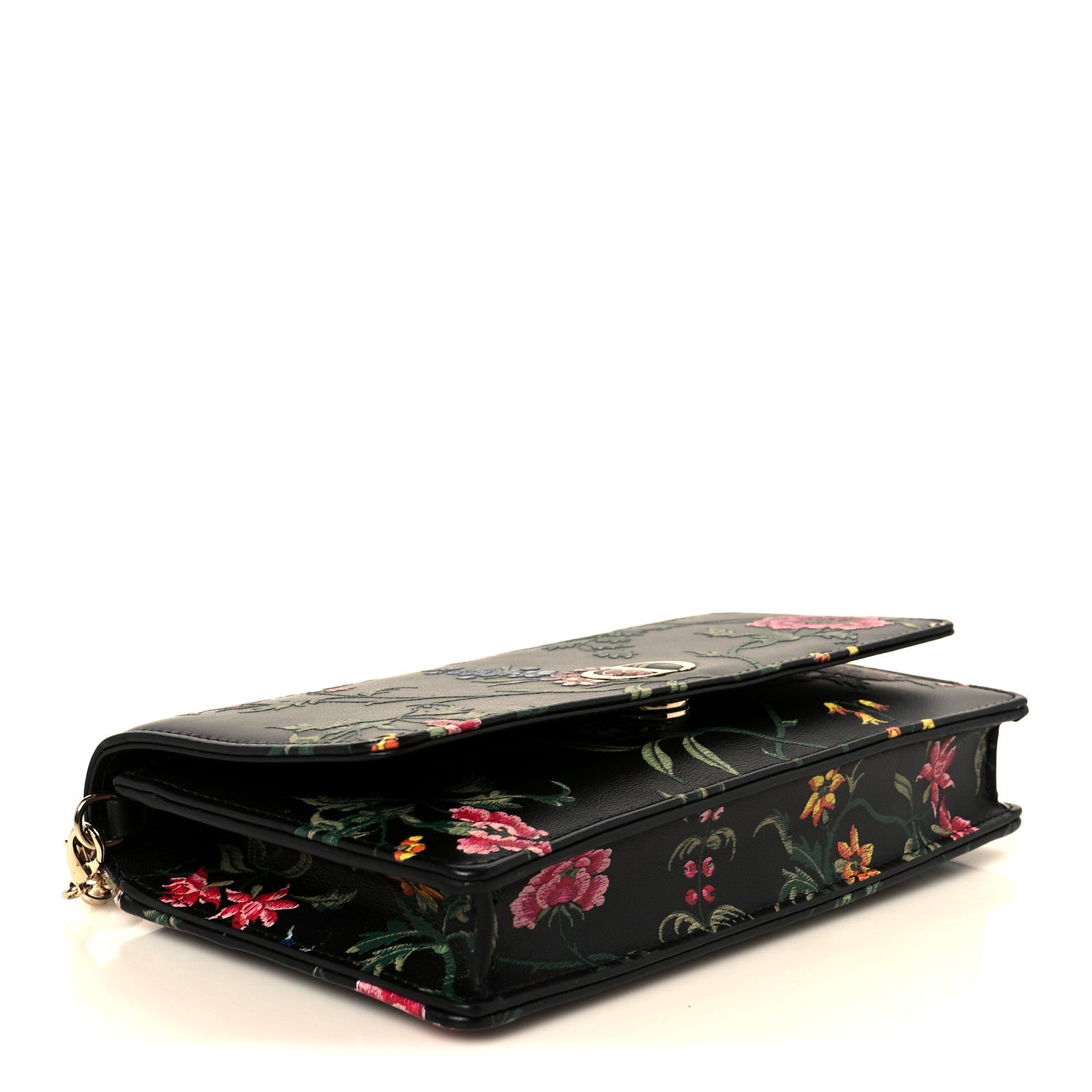 Christian Dior Calfskin Petites Fleurs Print Caro Pouch With Chain Black Multicolor 4 of 10