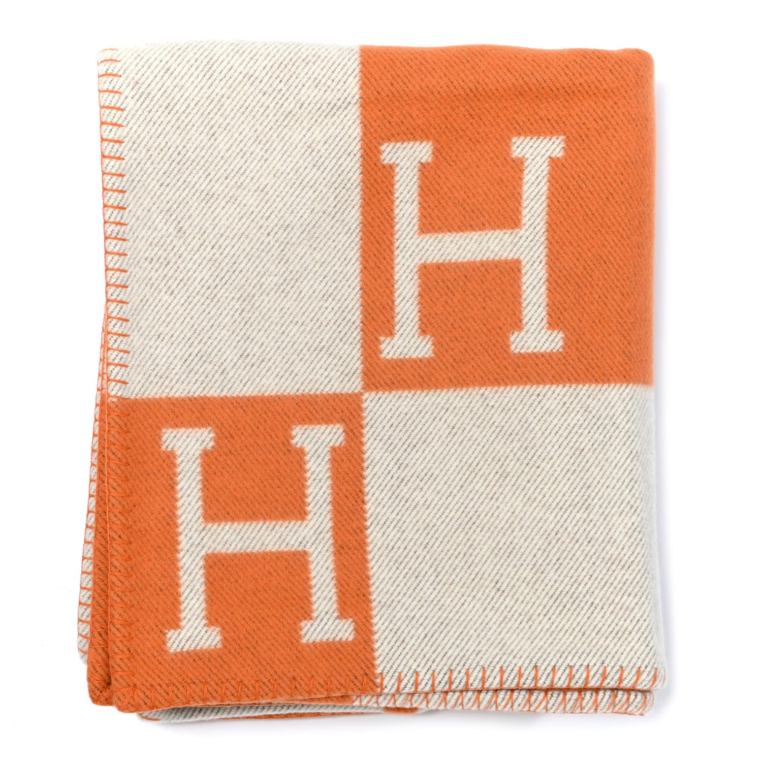 Hermes Wool Cashmere Signature Classic Avalon Blanket Ecru Potiron 1 of 3