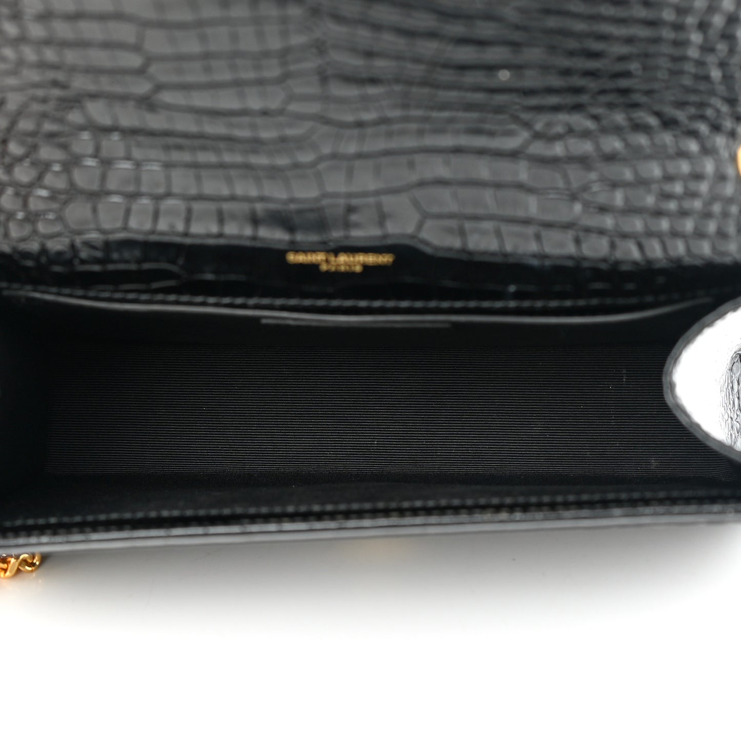 Calfskin Crocodile Embossed Medium Classic Monogram Kate Tassel Satchel Black
