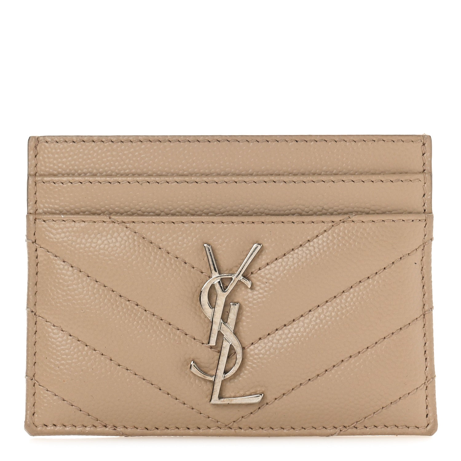 Saint Laurent Grain De Poudre Matelasse Chevron Monogram Credit Card Case Dark Beige 1 of 8
