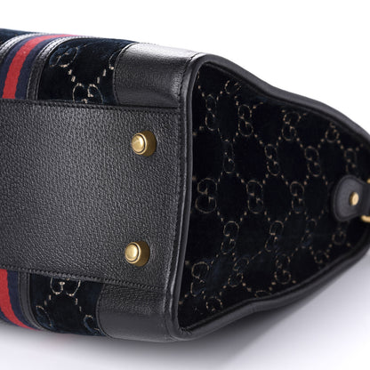 Gucci Velvet GG Monogram Textured Calfskin Web Medium Duffle Bag Blue Beige Black 6 of 9