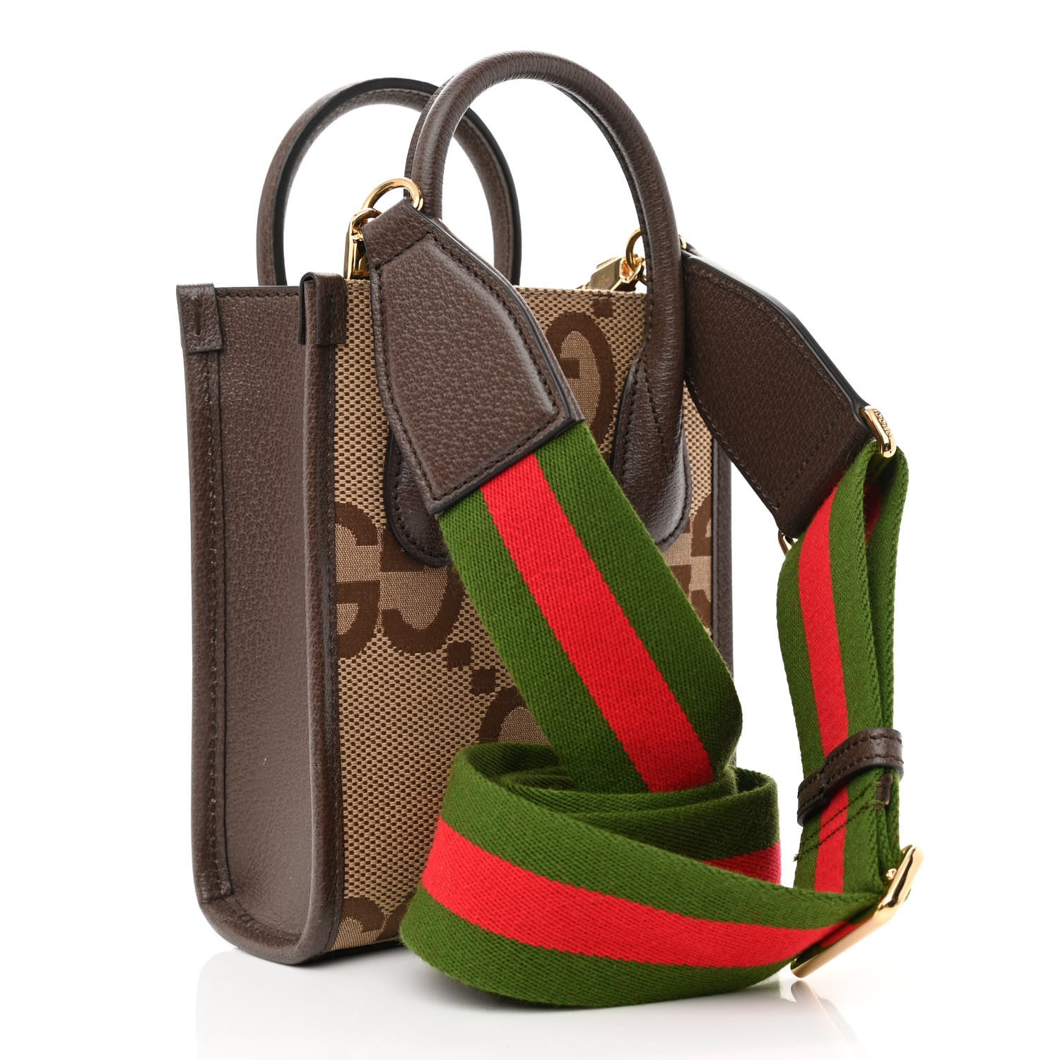 Gucci Monogram Jumbo GG Textured Dollar Calfskin Web Mini Vertical Tote Camel Ebony New Acero 3 of 11
