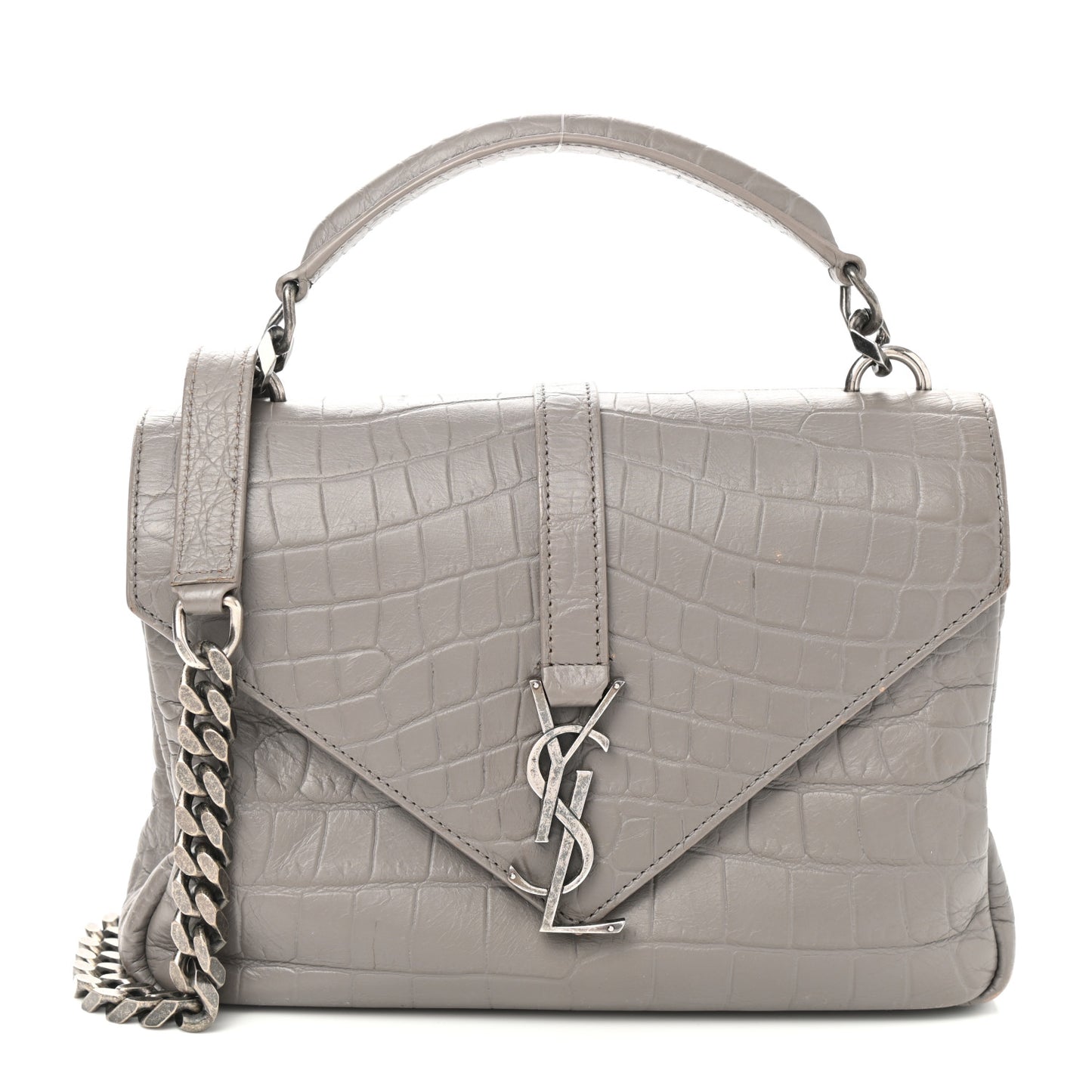 Calfskin Crocodile Embossed Medium College Monogram Satchel Gray