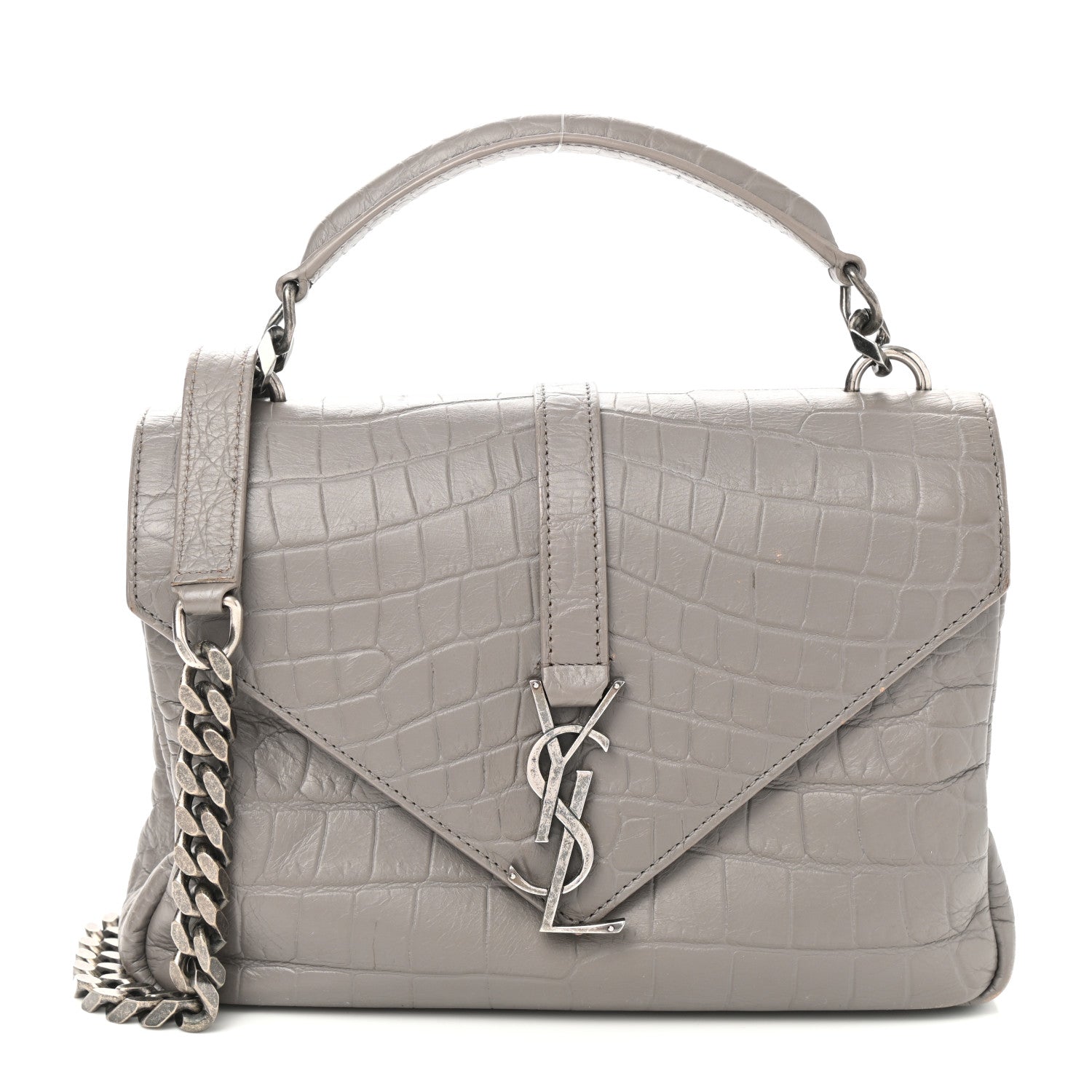 Saint Laurent Calfskin Crocodile Embossed Medium College Monogram Satchel Gray 1 of 13