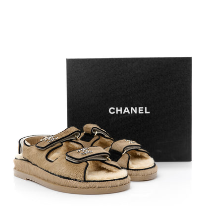 Chanel Calf Hair Suede Shearling Dad Sandals 37.5 Beige 10 of 10