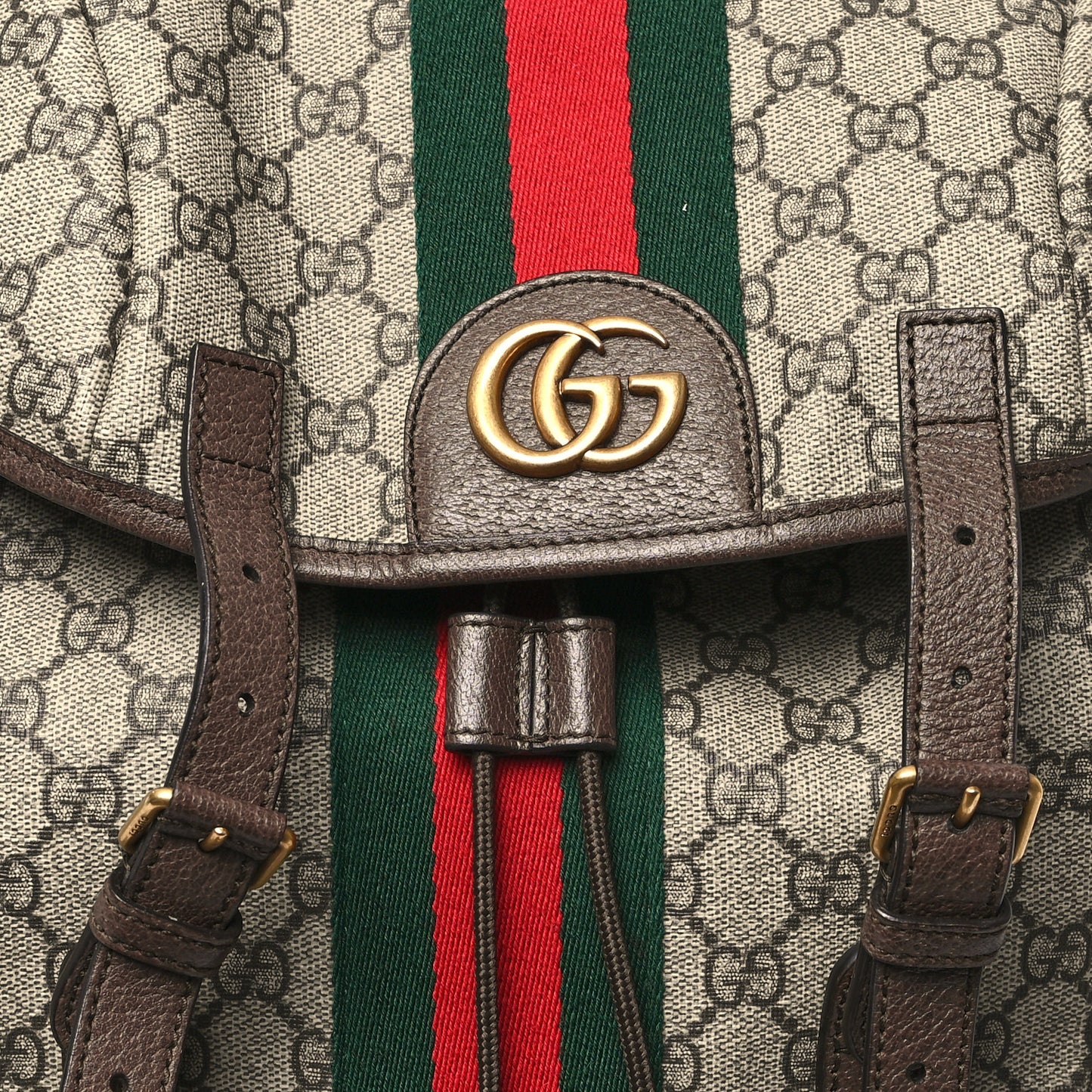 GG Supreme Monogram Medium Ophidia Double Buckle Backpack Brown