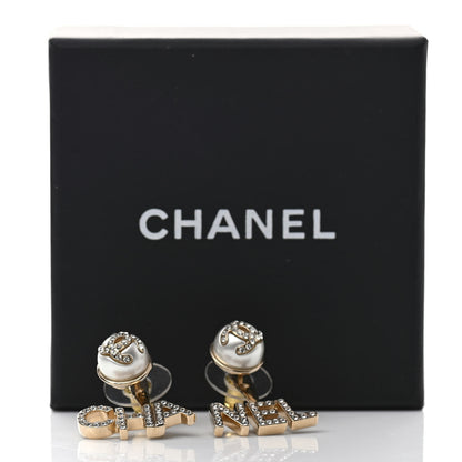 Chanel Pearl Crystal Logo Earrings Gold Pearly White 5 of 5