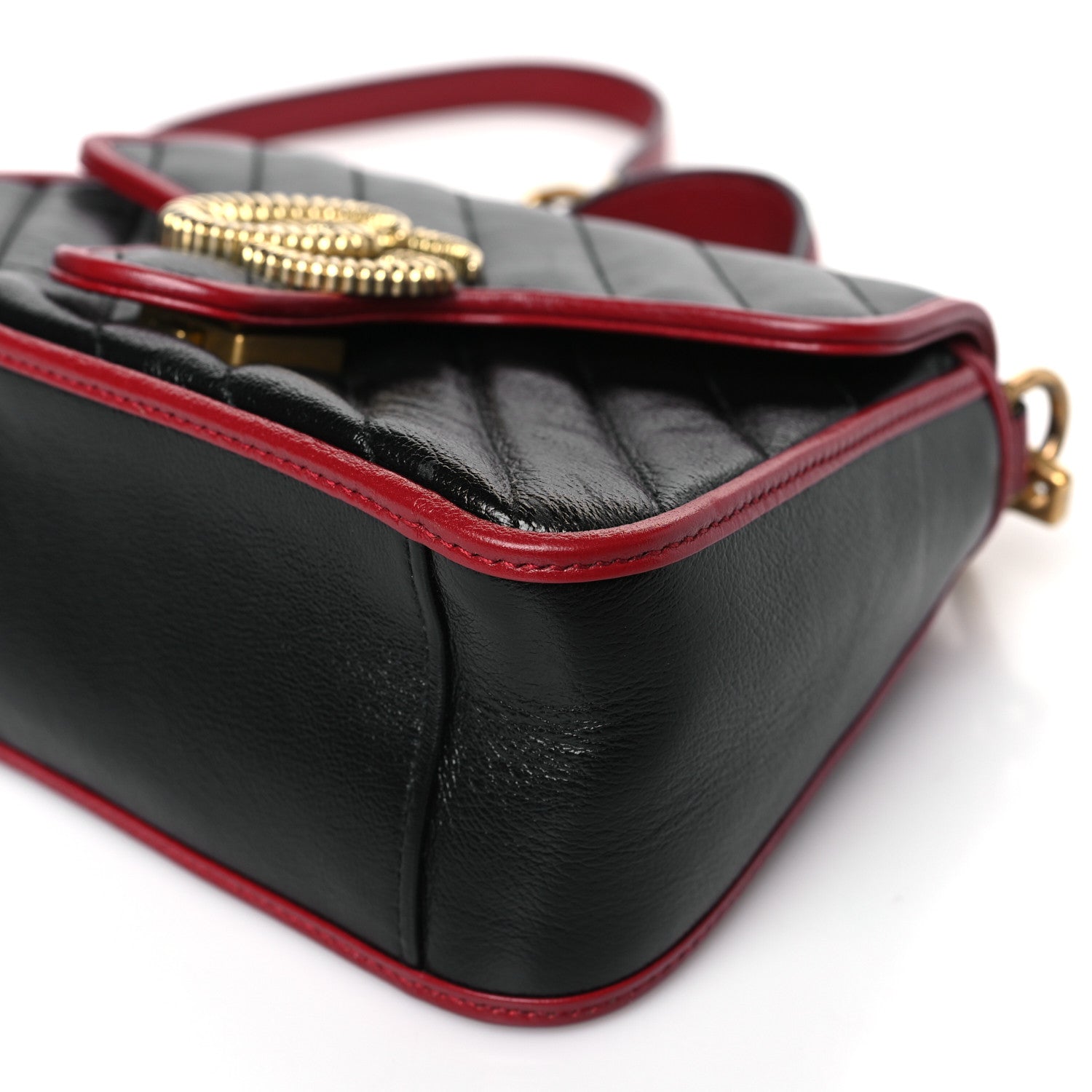 Gucci Vintage Effect Calfskin Matelasse Diagonal Mini Torchon GG Marmont Top Handle Shoulder Bag Black Romantic Cherry 9 of 9