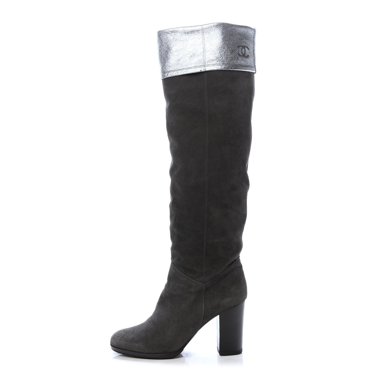 Kid Suede Metallic Lambskin CC Fold Over Knee High Boots 36.5 Grey