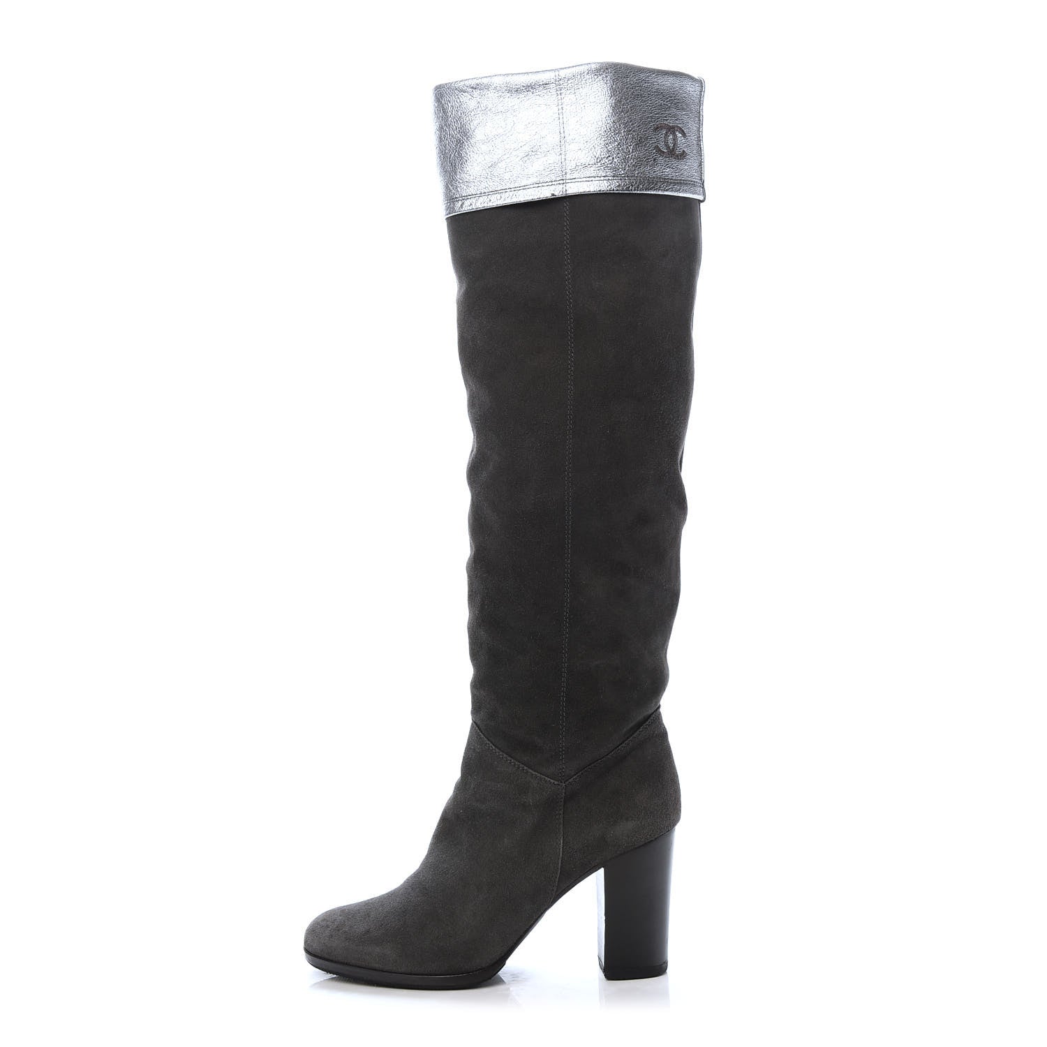 Chanel Kid Suede Metallic Lambskin CC Fold Over Knee High Boots 36.5 Grey 1 of 6
