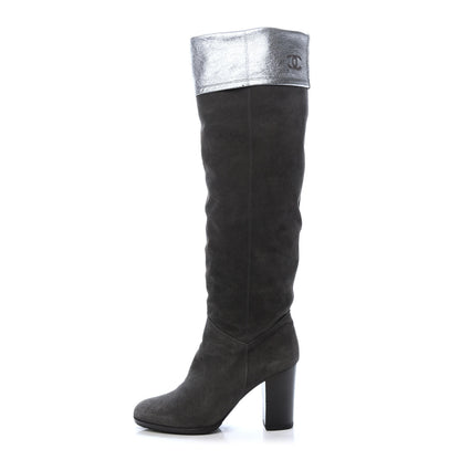 Chanel Kid Suede Metallic Lambskin CC Fold Over Knee High Boots 36.5 Grey 1 of 6