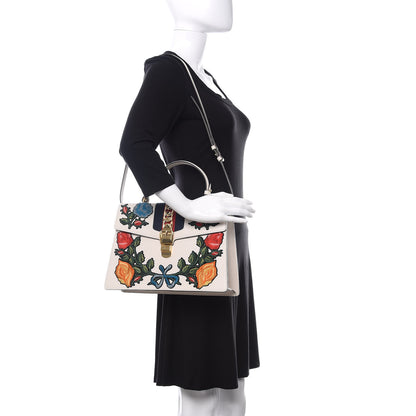Gucci Calfskin Embroidered Medium Sylvie Top Handle Bag White 2 of 11