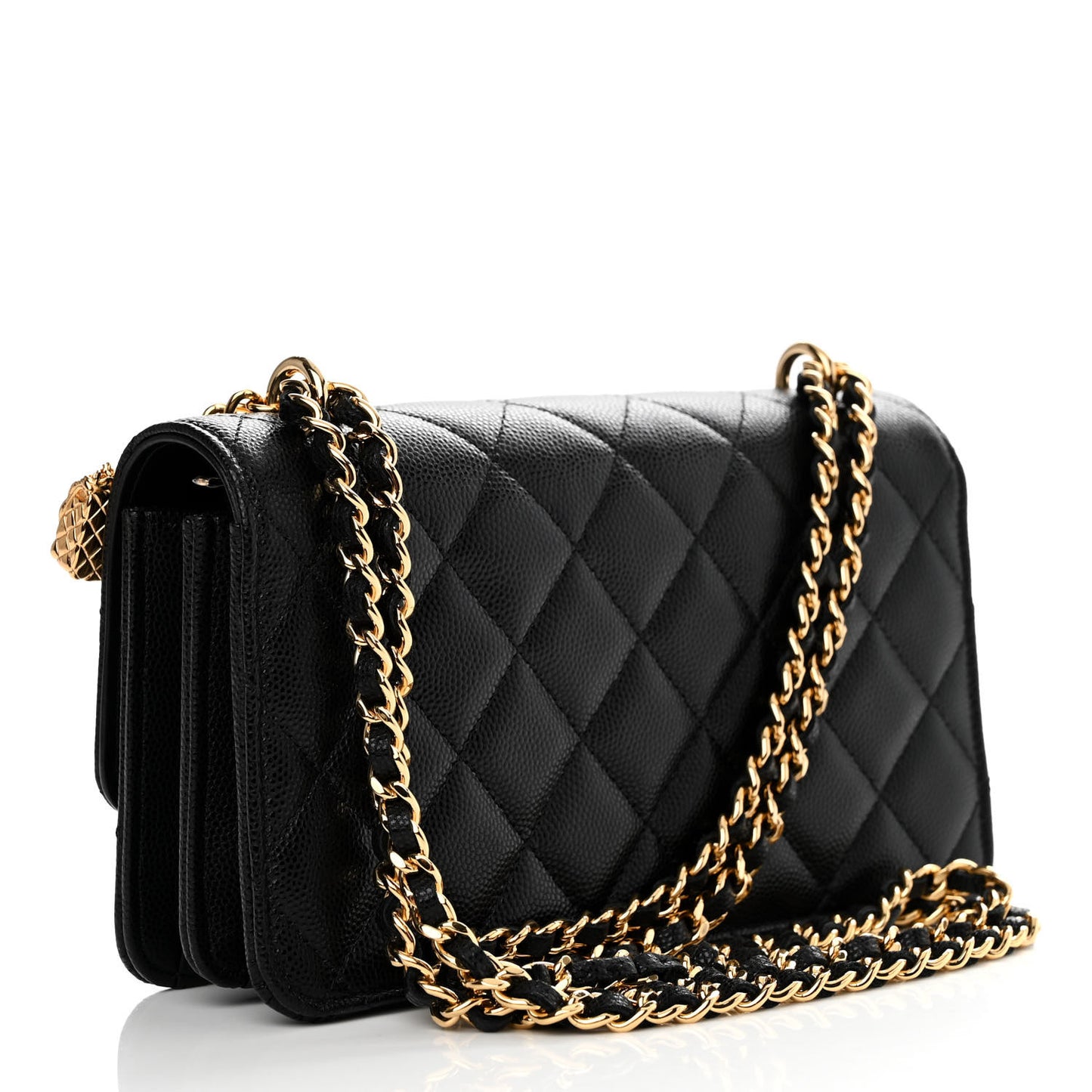 Shiny Caviar Quilted Flap Charm Wallet On Chain WOC Black