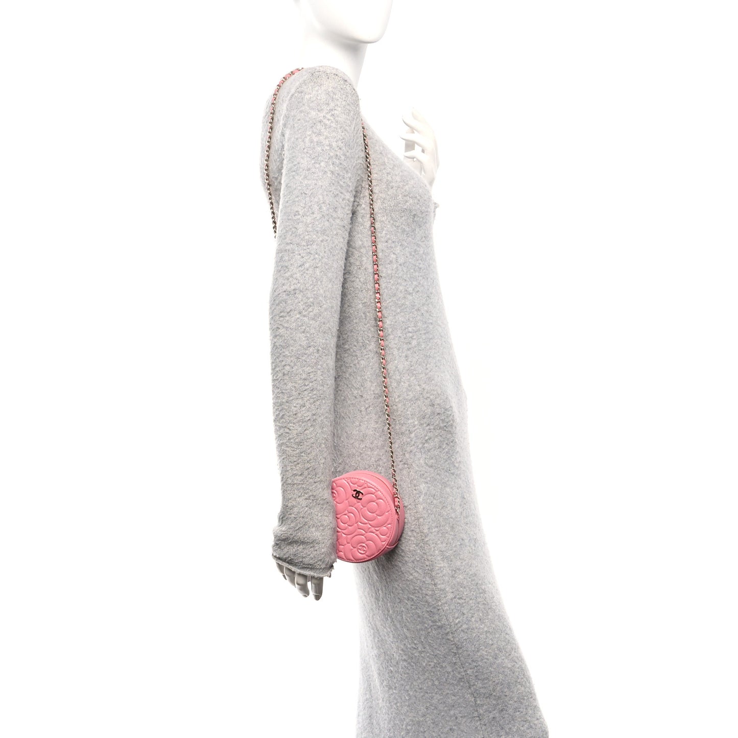 Caviar Camellia Embossed Round Clutch With Chain Pink