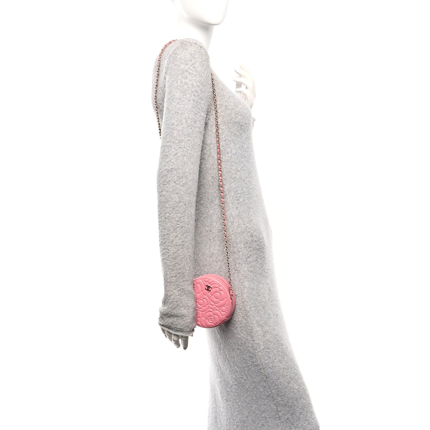 Chanel Caviar Camellia Embossed Round Clutch With Chain Pink 2 of 12