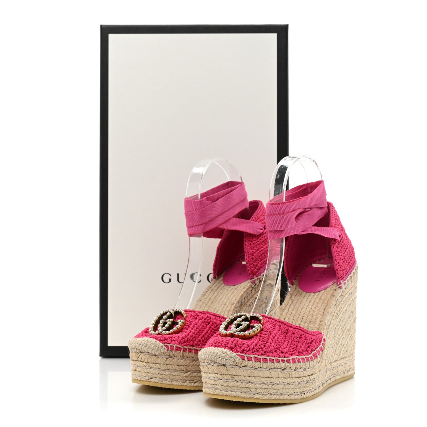 Cotton Crochet Pearly GG Ankle Wrap Platform Espadrille Wedges 36 Cyclamen Rose