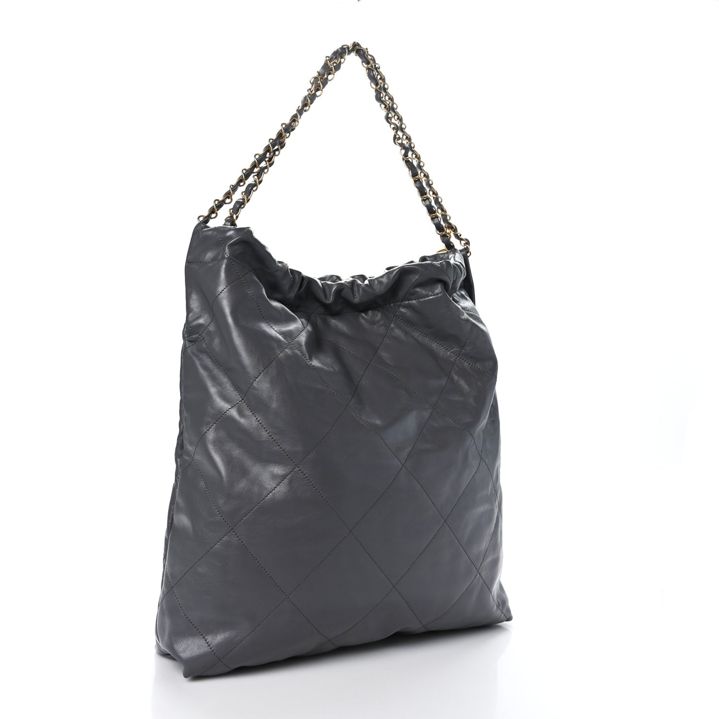 Shiny Calfskin Quilted Large Chanel 22 Grey