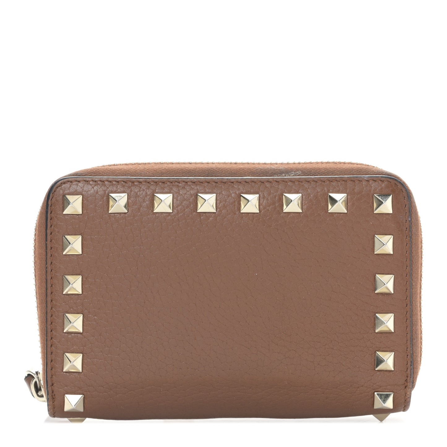 Pebbled Calfskin Rockstud Compact Zip Around Wallet Bright Cognac