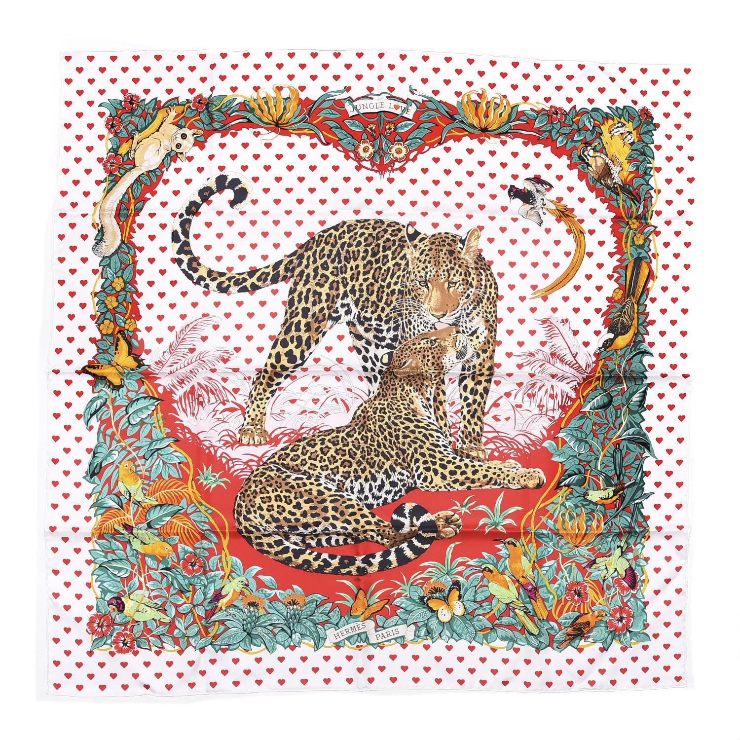 Hermes Silk Jungle Love Scarf 90 White Rouge Vert 1 of 7