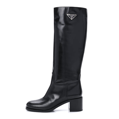 Prada Brushed Calfskin Metal Triangle Logo Riding Boots 39 Black 1 of 8