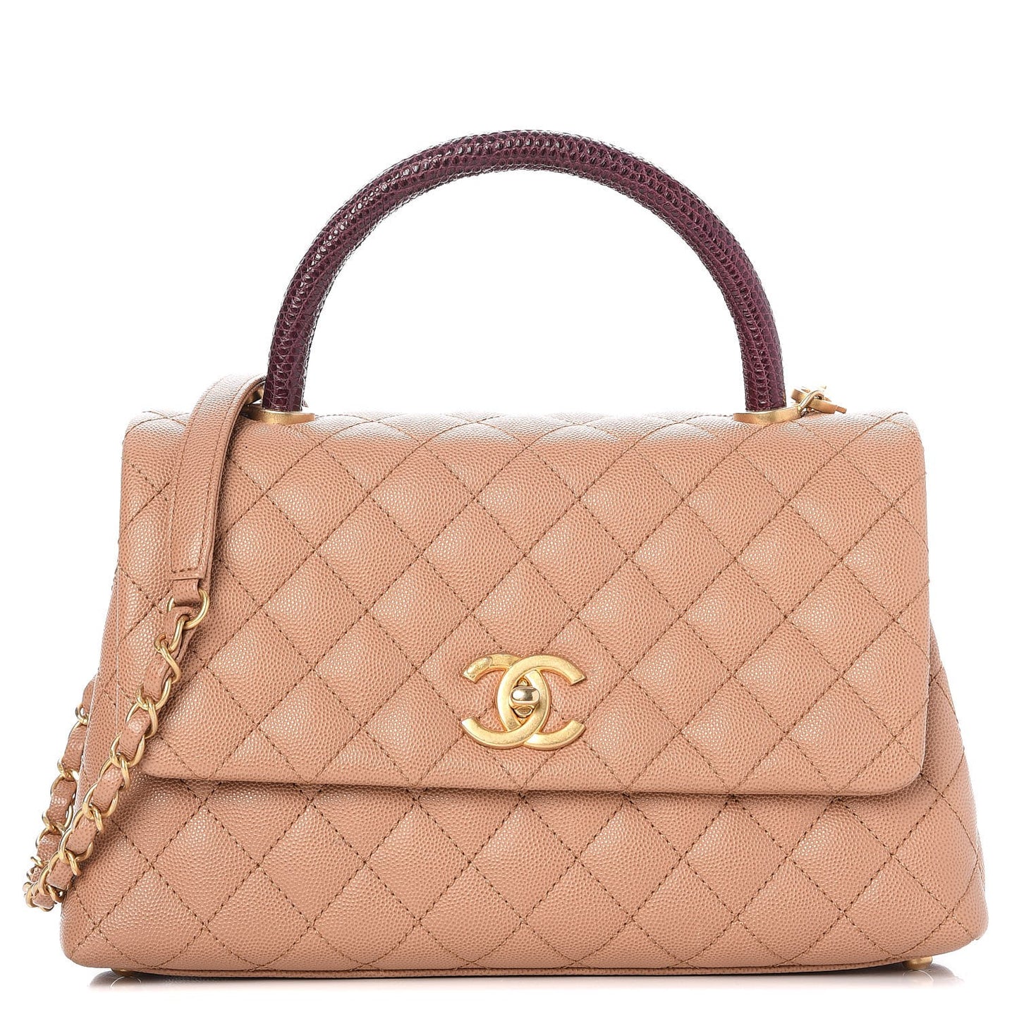 Caviar Lizard Quilted Small Coco Handle Flap Beige