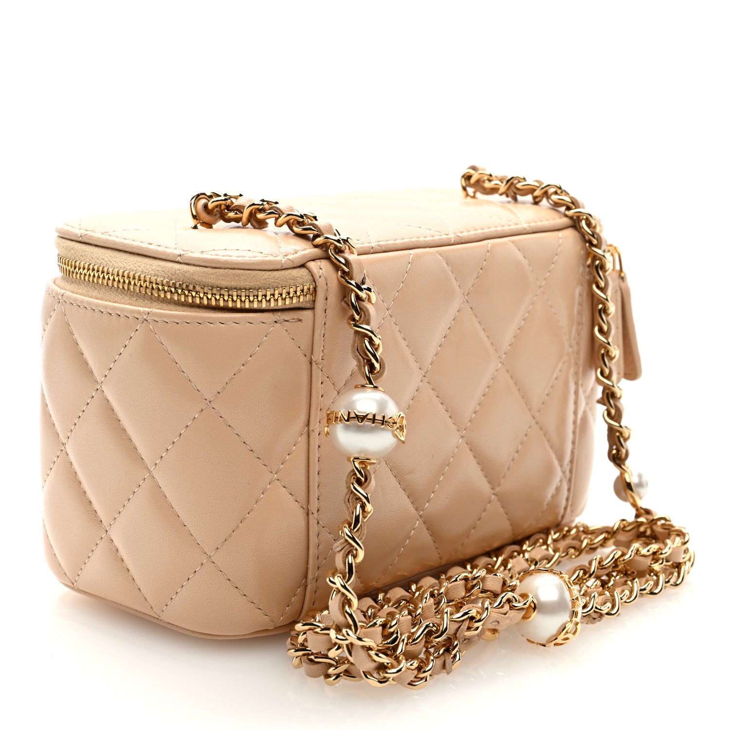 Chanel Shiny Lambskin Pearl Quilted Small Vanity Case With Chain Beige 3 of 12