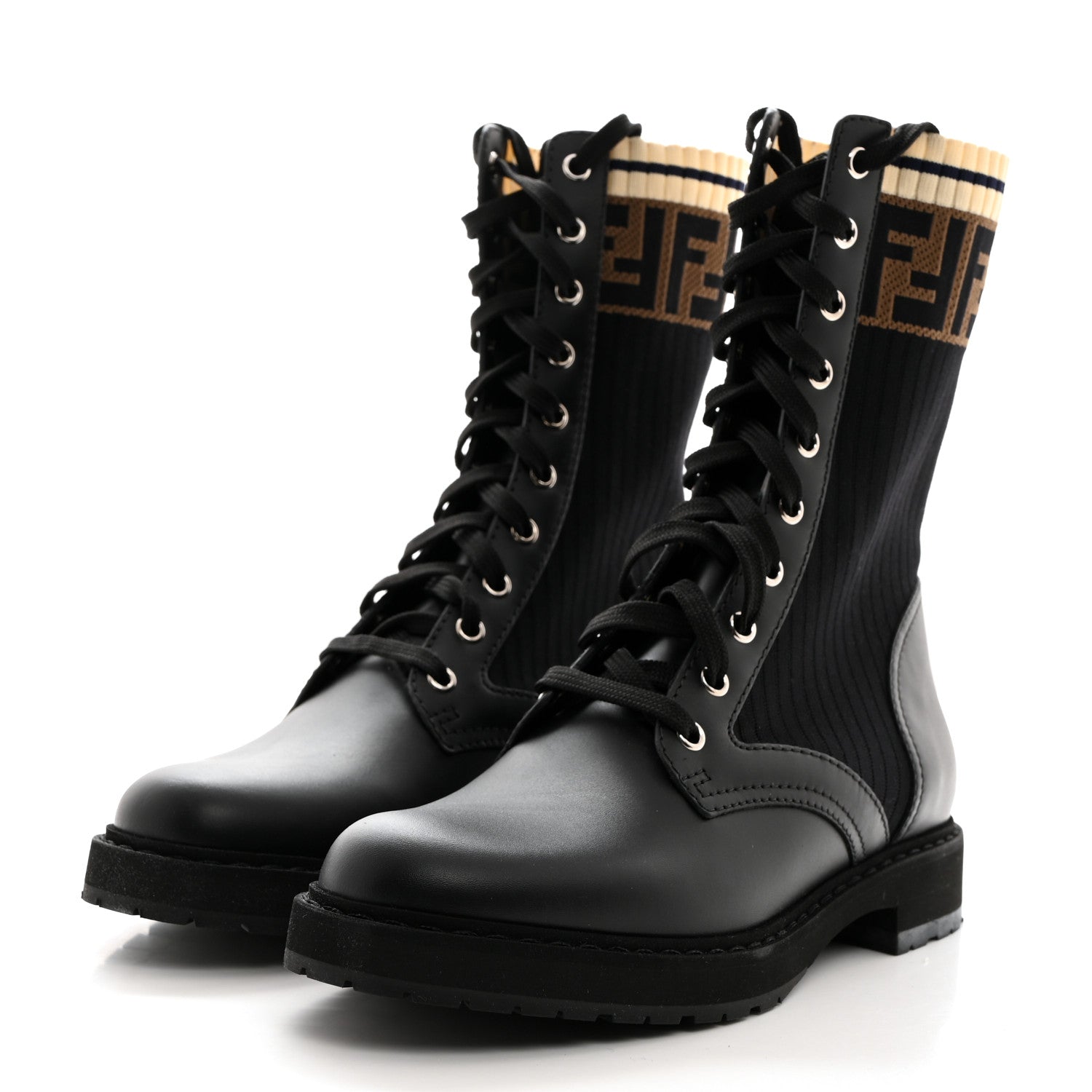 Fendi Calfskin Stretch Fabric Rockoko Biker Boots 38.5 Tobacco Black Marino 3 of 8