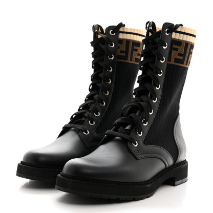 Fendi Calfskin Stretch Fabric Rockoko Biker Boots 38.5 Tobacco Black Marino 3 of 8