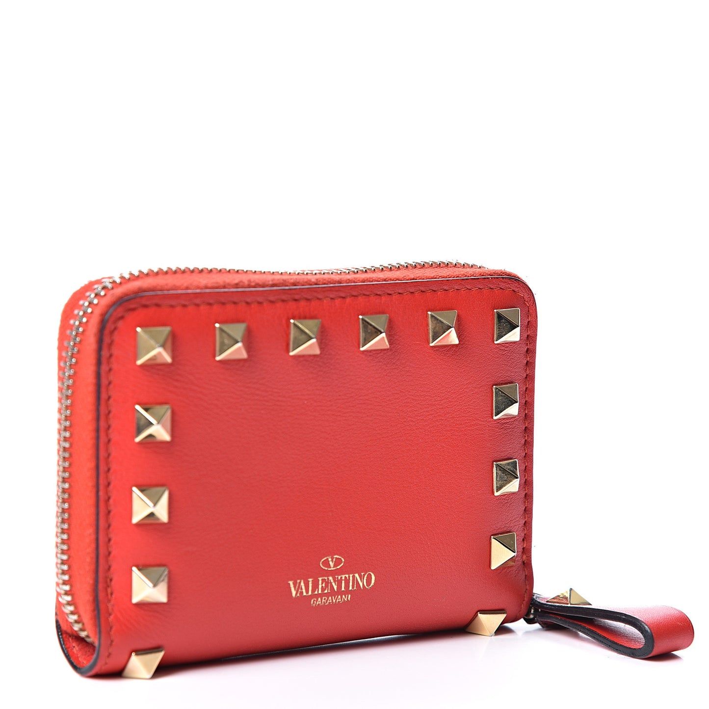 Calfskin Rockstud Zip Around Coin Case Card Holder Deep Orange
