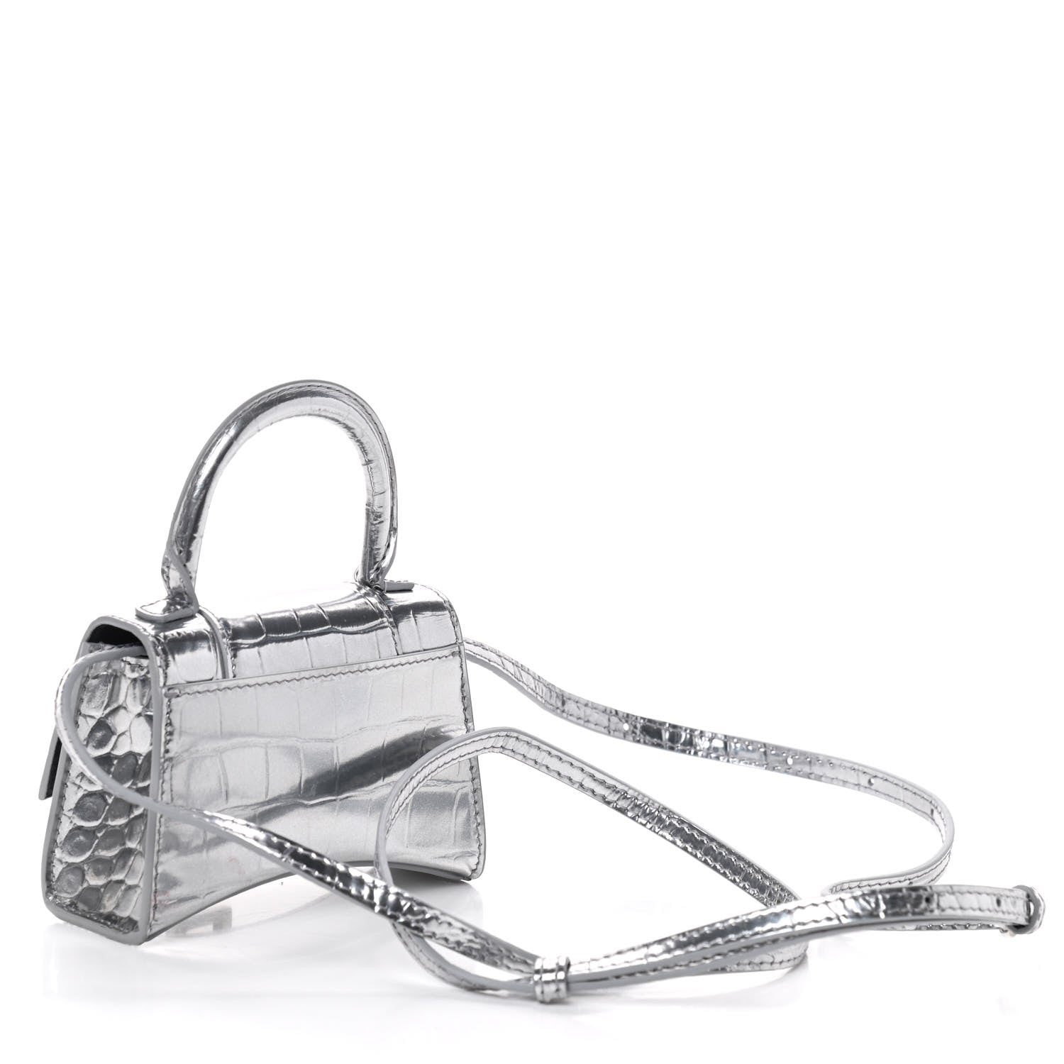 Balenciaga Metallic Calfskin Crocodile Embossed Hourglass Top Handle Bag Mini Silver 3 of 8