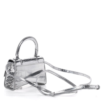Balenciaga Metallic Calfskin Crocodile Embossed Hourglass Top Handle Bag Mini Silver 3 of 8