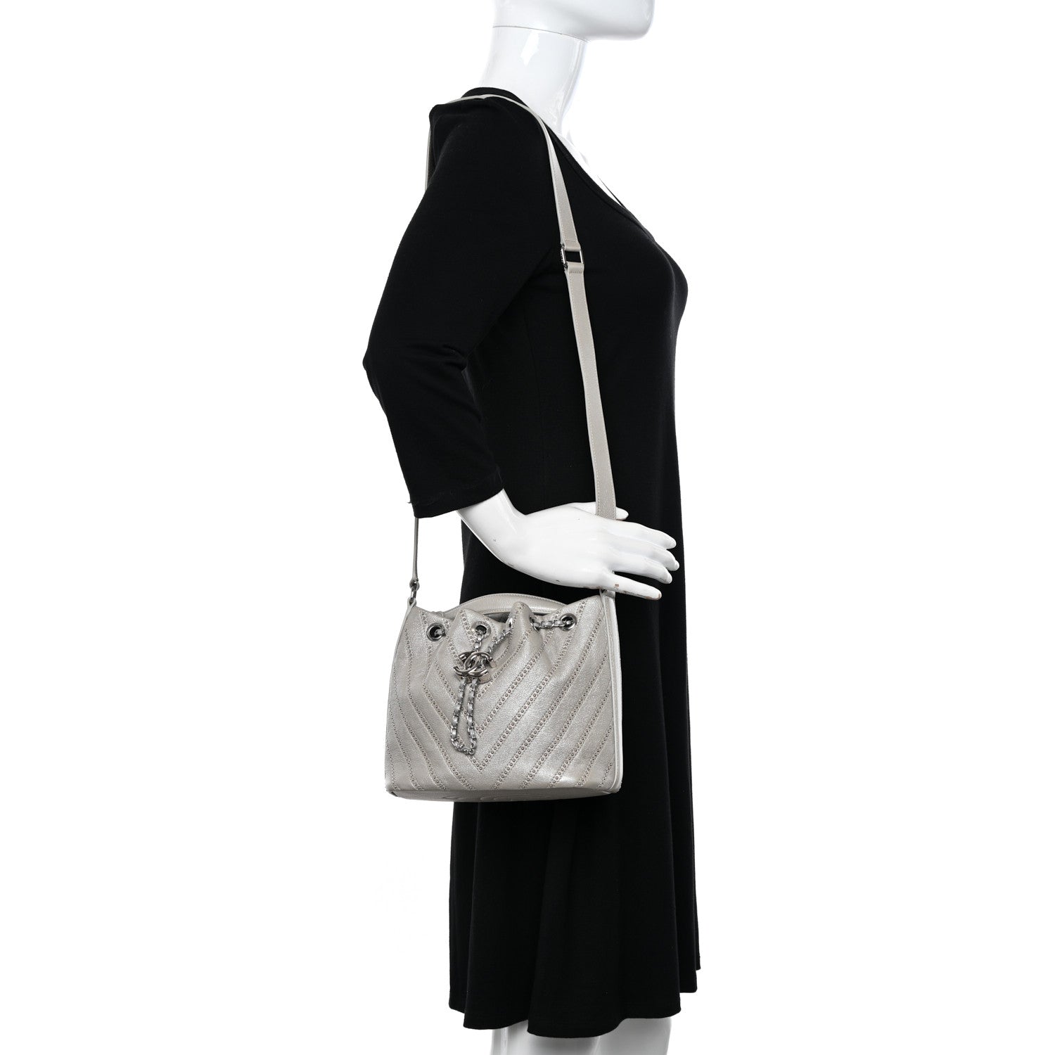 Chanel Metallic Calfskin Studded Chevron Quilted Small Stud Wars Drawstring Bag Silver 2 of 11