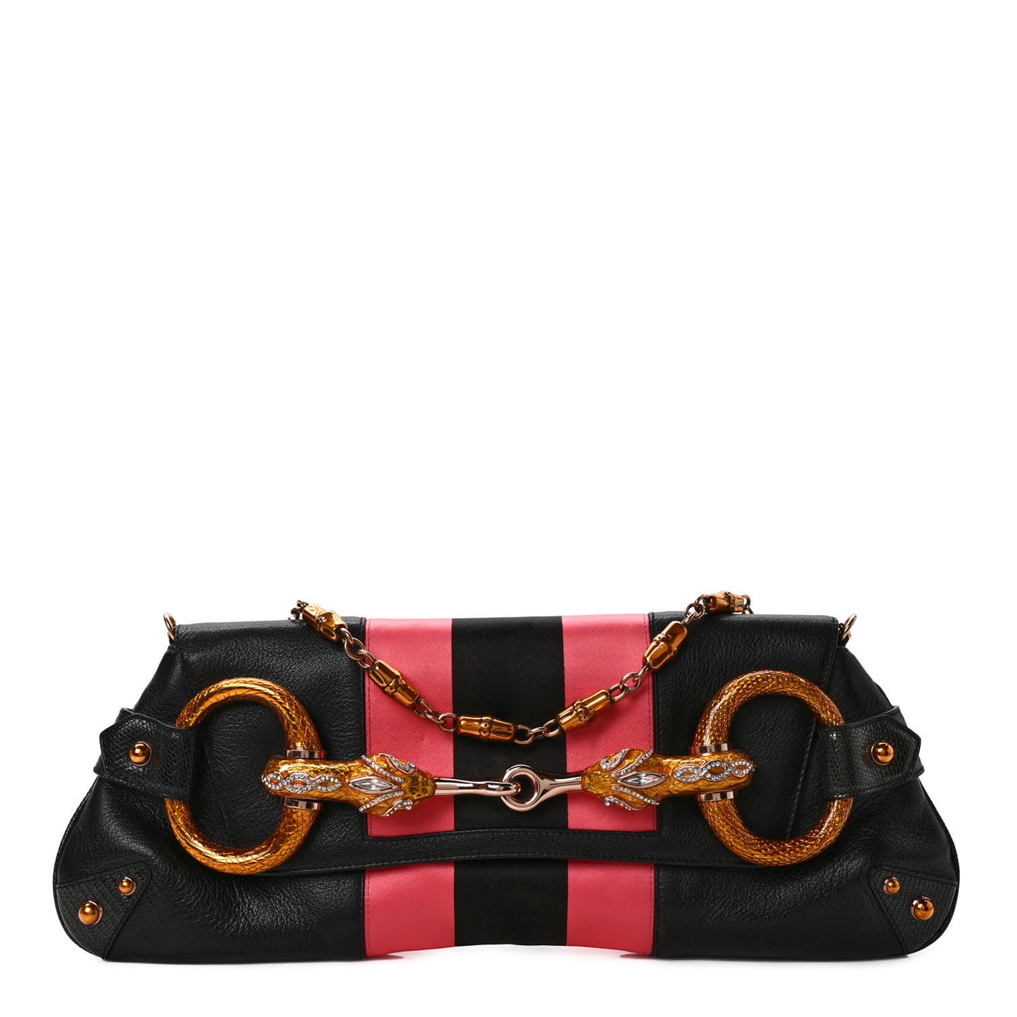 Calfskin Lizard Satin Studded Crystal Horsebit Clutch Pink Black