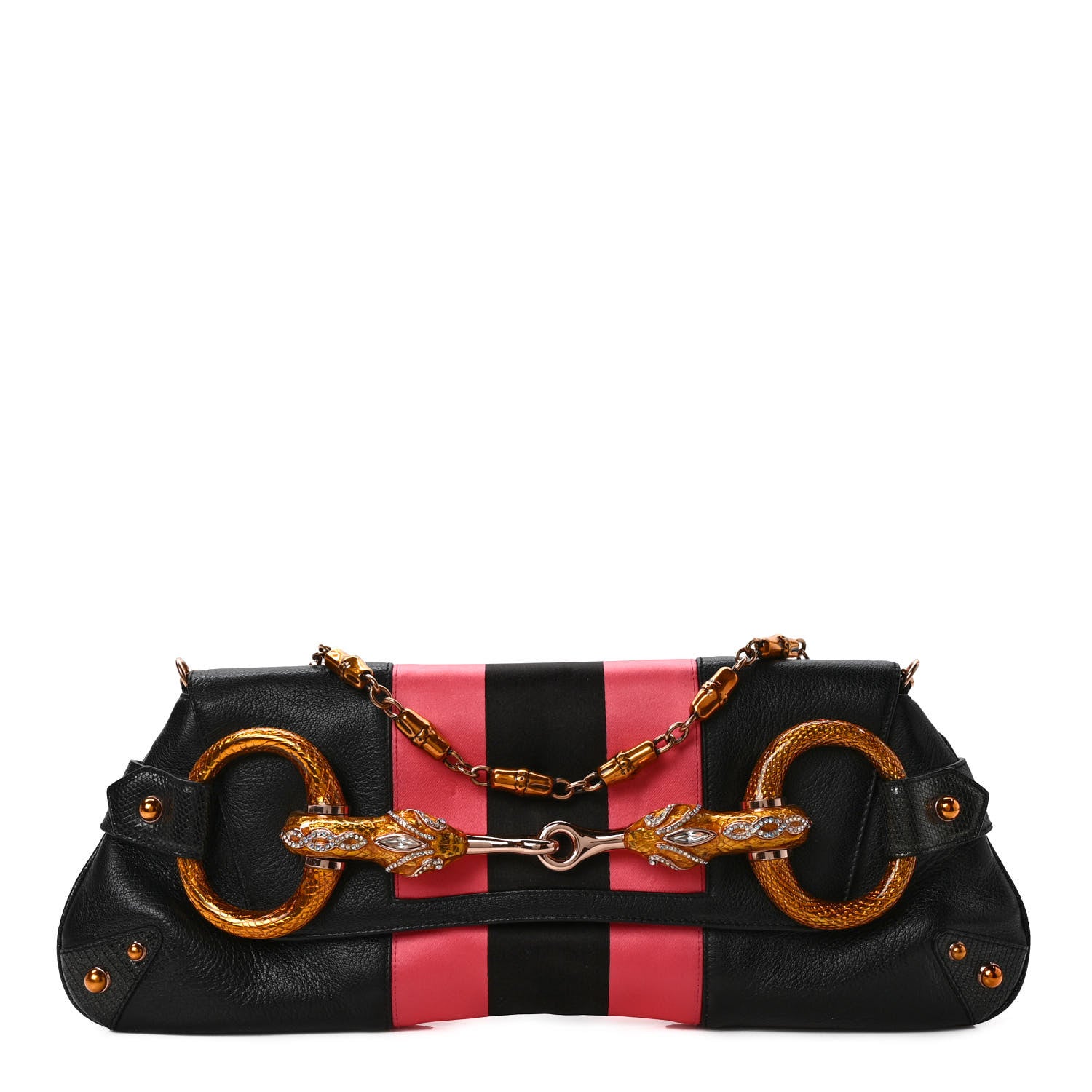 Gucci Calfskin Lizard Satin Studded Crystal Horsebit Clutch Pink Black 1 of 9