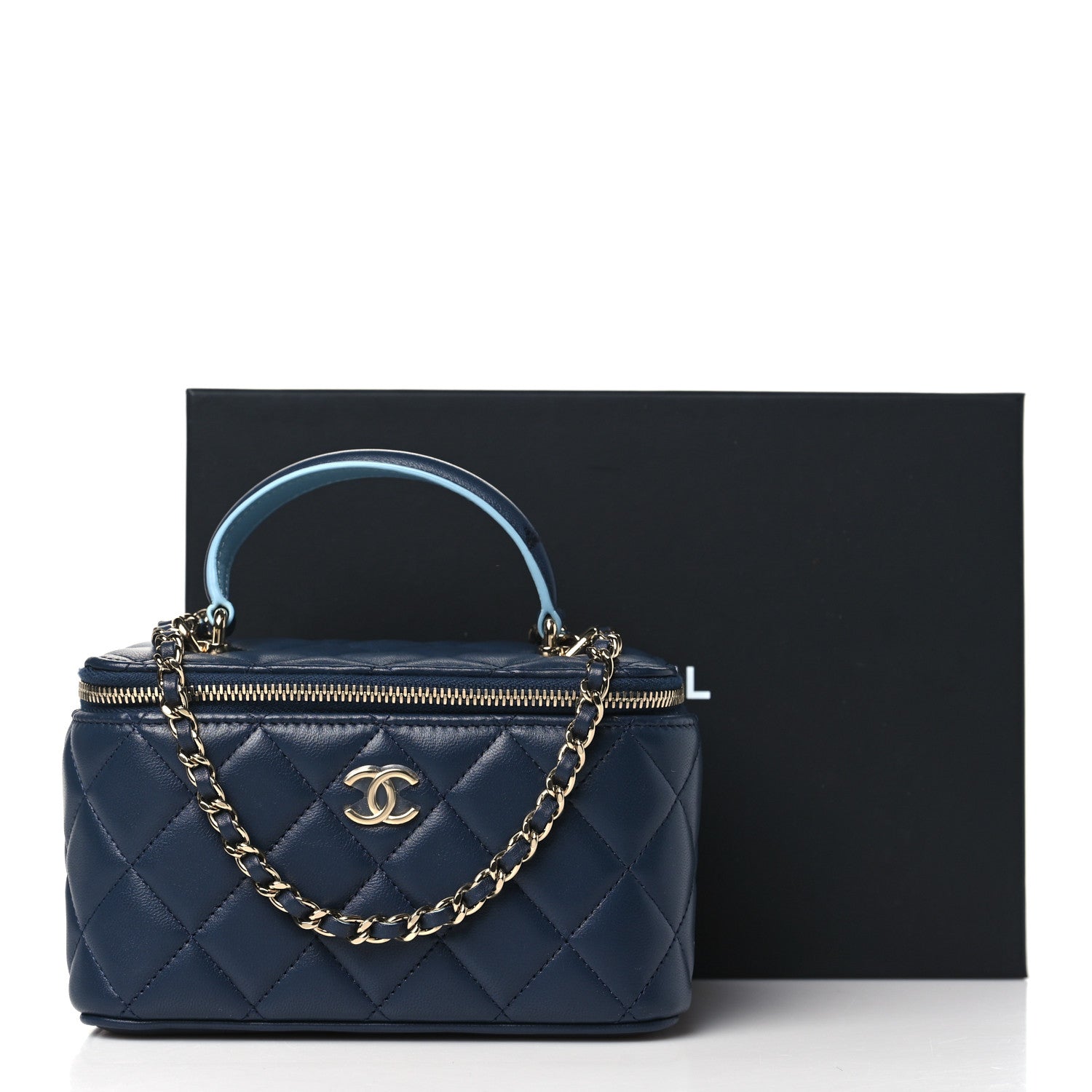Chanel Lambskin Quilted Small Top Handle Vanity Case With Chain Dark Blue Light Blue 12 of 12