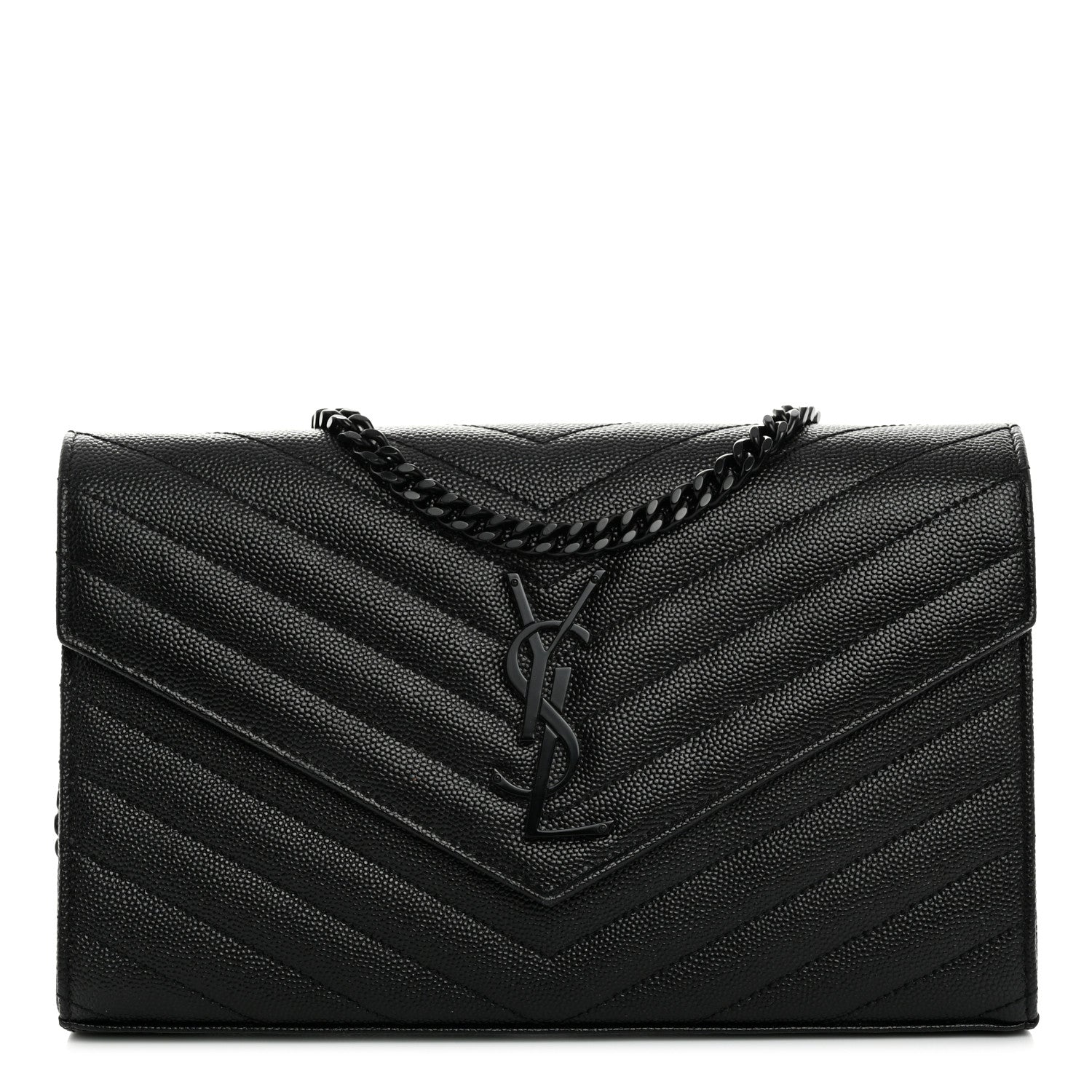 Saint Laurent Grain De Poudre Matelasse Chevron Monogram Monochrome Chain Wallet Black 1 of 10