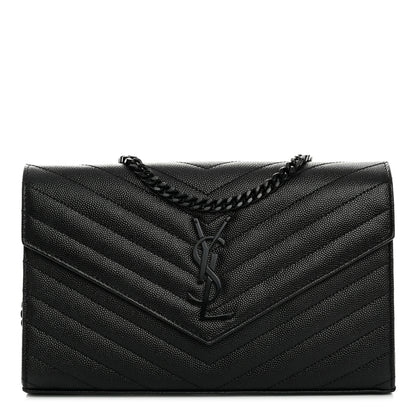 Saint Laurent Grain De Poudre Matelasse Chevron Monogram Monochrome Chain Wallet Black 1 of 10